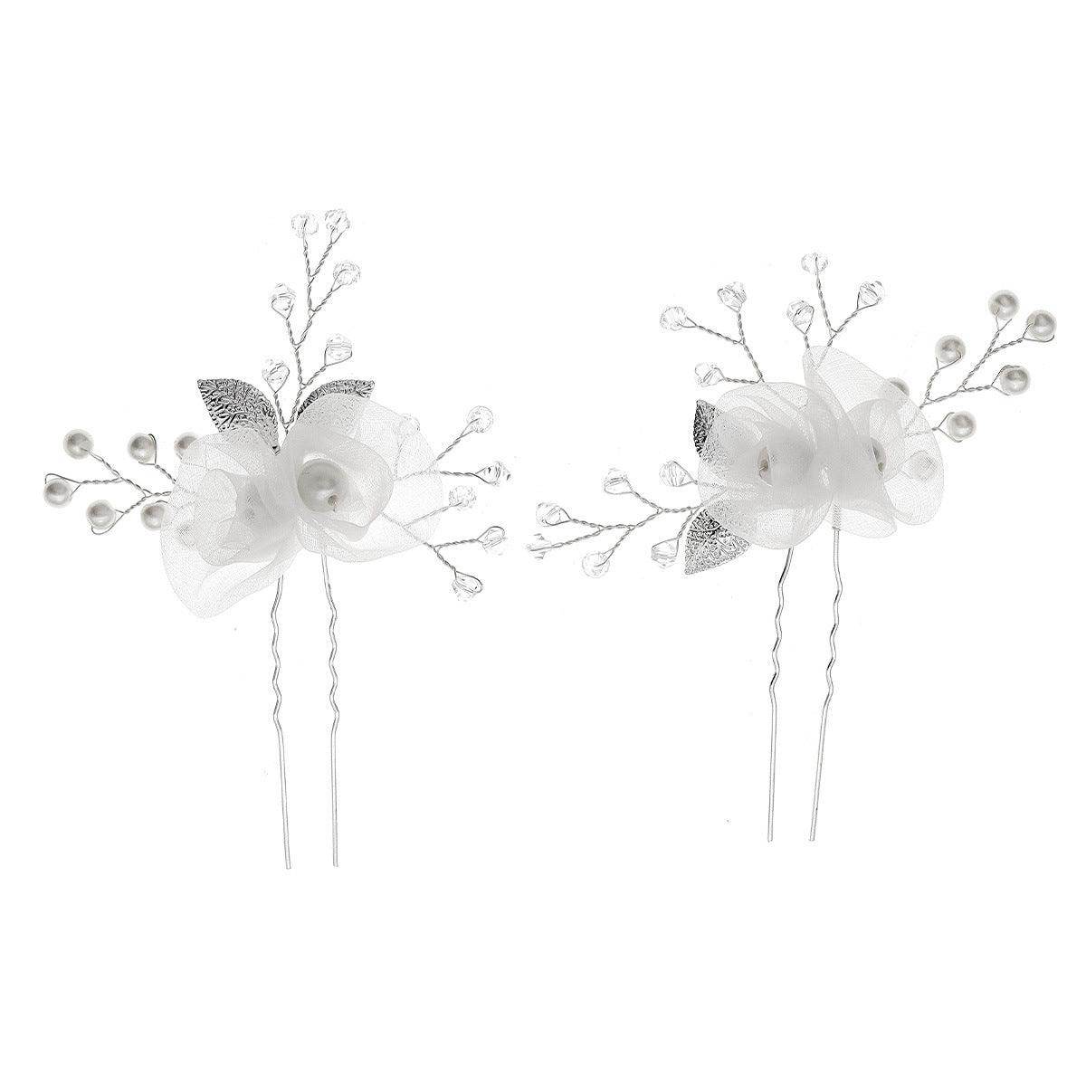 Bridal headwear U-shaped hairpin Beautiful white silk flower pin hand-made crystal pearl hairpin set of 2 755494195341 - COCOMELODY